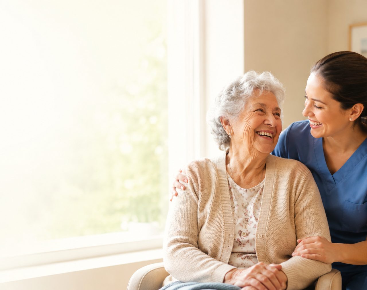 A caregiver offering a warm, supportive hand to a senior at home.