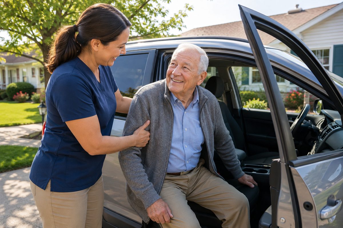 A caregiver helping a senior veteran into a car for a ride to an appointment.